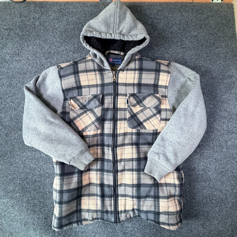 North Pole Flannel Jacket Mens Large Gray Plaid Sherpa‎ Fleece Lined Hooded